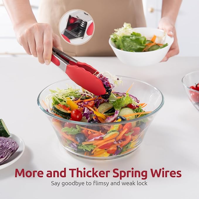 600쨘F Heat Resistant Kitchen Tong: U-Taste 7 inch Silicone Cooking Tong with Firm Sealed Non Stick Rubber Tips & Silicon Coated 18/8 Stainless Steel Handle & Smooth Locking for Serving Salad (Red)