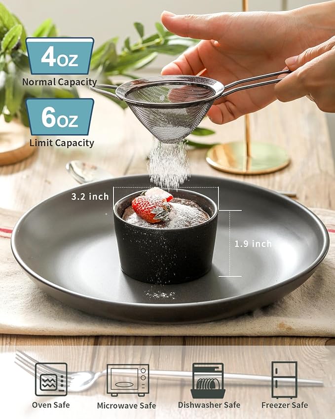Tikooere Ramekins 4 oz, Oven Safe Souffl챕 Dishes for Creme Brulee, Souffle, Pudding, Lava Cake, Stoneware Custard Cups for Baking, Ceramic Sauce Bowls Set of 6, Kitchen Decor Gift, Matte Black