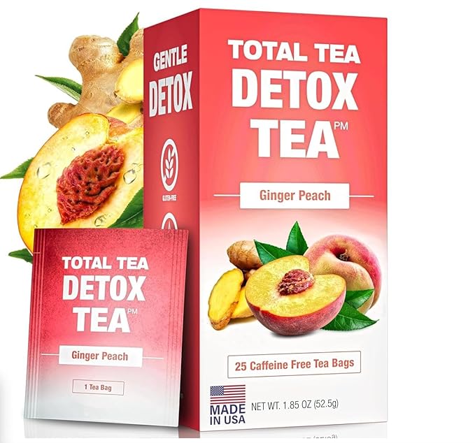Total Tea SIimming Detox Tea Caffeine Free - 25 Day Detox - Weight l0ss for women with Chamomile, Hibiscus Tea & Ginger Root for Colon Cleanse ??Natural Herbal Ginger & Peach Fruit Tea for Digestive Health