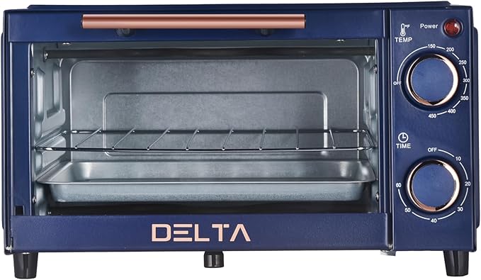 9L Toaster Oven, Small Countertop Electric Oven 750W, 60-Min Timer Auto Shut-Off, Tempered Glass Door, 2-Knob Manual Control, Compact Toaster Ovens Countertop with Baking Tray & Rack
