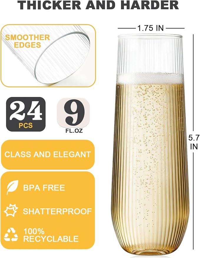 24 Pcak Ribbed Champagne Flutes Plastic, 9 Oz Disposable Stemless Mimosa Toasting Glasses, Clear Crystal Plastic Cocktail Cups for Party Wedding Birthday (Origami Ripple)