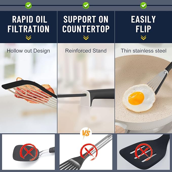 Fish Spatula,600??Heat Resistant Silicone Fish Spatula with Basting Brush,for Nonstick Cookware,Flexible Slotted Fishs Turner Spatulas,BPA Free,Dishwasher Safe(Black)
