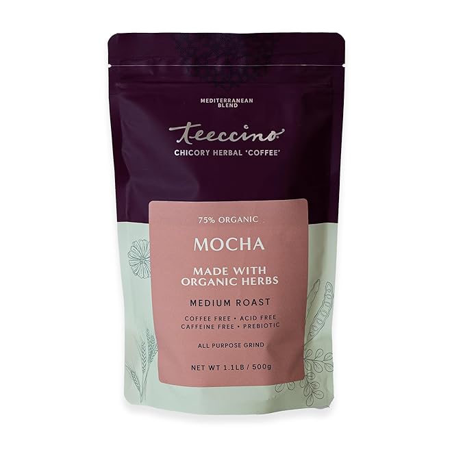Teeccino Mocha Chicory Coffee Alternative, 1.1 Pound - Ground Herbal Coffee That?™s Prebiotic, Caffeine-Free & Acid Free, Medium Roast