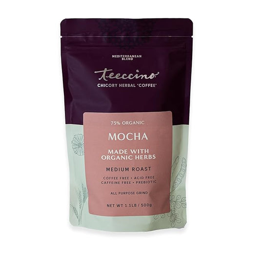 Teeccino Mocha Chicory Coffee Alternative, 1.1 Pound - Ground Herbal Coffee That?™s Prebiotic, Caffeine-Free & Acid Free, Medium Roast