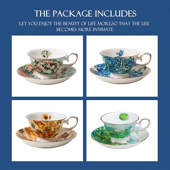 Van Gogh Bone China Set of 4 Cups and Saucers, Coffee Cup and Saucer Set With Gift Box, 7.4-Ounce Art Coffee Mugs Set - Perfect Birthday/Holiday/Wedding Gift