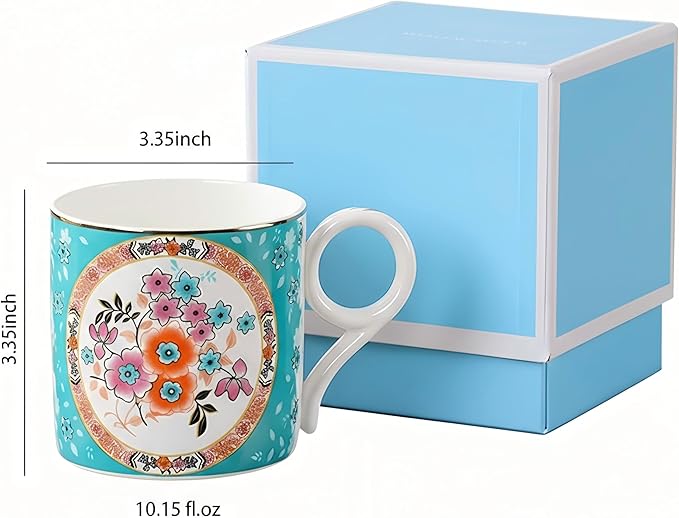 Decorative Ceramic Coffee Mugs, 10.15 fl.oz, Floral Design Collection with Gift Box (red)
