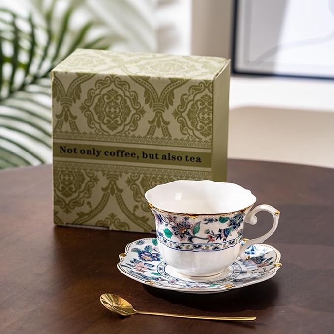 Floral Ceramic Cup Bone China Tea Cup and Saucer Set 6.8 Oz Gold Trim Vintage Style Porcelain Coffee Cup for Home Kitchen Office, Style 2