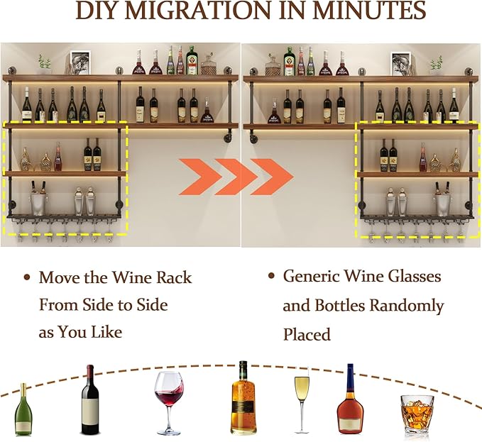 118.2in Large Wine Rack with LED Light, 4 Tiers Solid Wood Wall Mounted Wine Rack, Industrial Liquor Bottles Floating Shelves with Glass Holder for Home Bar/Dining Room (118.2in/300cm)