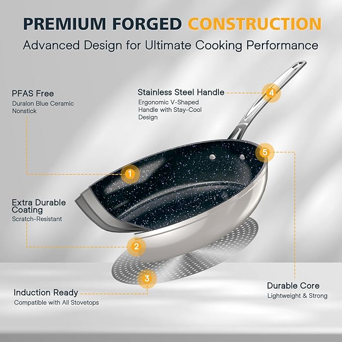 Nuwave 3-Piece 8?? 10?? 12??Forged Lightweight Frying Pan Set, G10 Healthy Duralon Blue Ceramic Ultra Non-Stick, Ergonomic Stay-Cool Handles, Induction-Ready & Works on All Cooktops