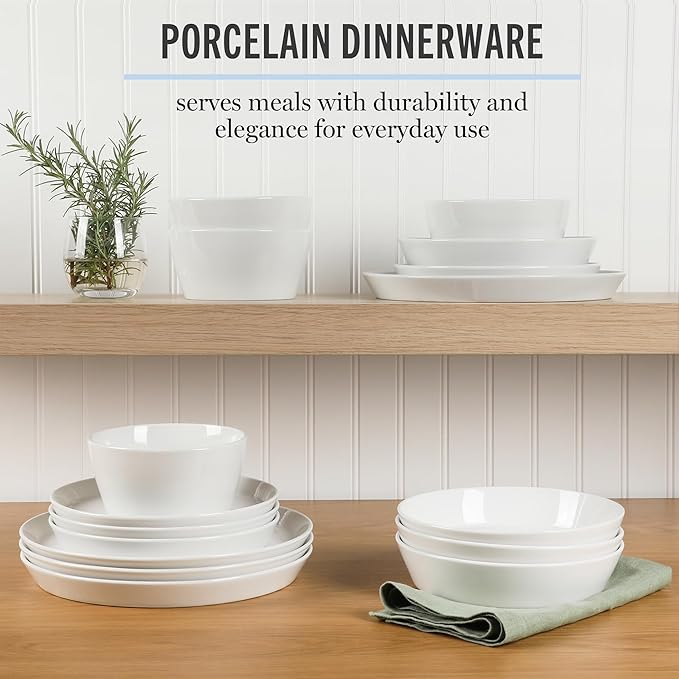 Martha Stewart Selma Chip & Scratch Resistant Dinnerware Set ??White Plates and Bowls, Durable Dishwasher and Microwave Safe Dishes Set for Everyday Use