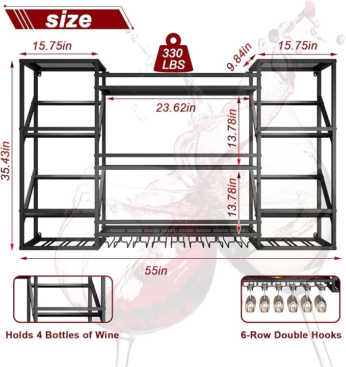 Wall-Mounted Wine Rack, 3-Tier Wine Bottle Display Shelf with Glass Holder, Metal Wine Rack Wall Mounted for Home Bar Kitchen Dining Room Coffee Shop (Black, 55in)