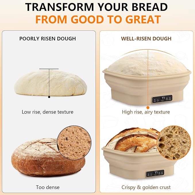 Upgrade Heating Sourdough Bread Proofing Basket Set, Electric Thermostatic Silicone banneton bread proofing basket,Sourdough bread baking supplies,11 Inch Square Foldable Sourdough Proofing Bowl