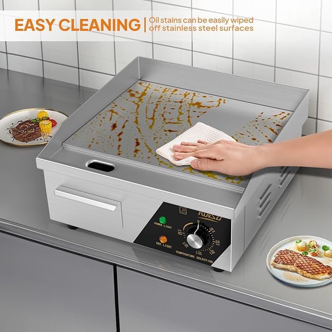ROVSUN 14" Electric Countertop Flat Top Griddle, 1500W Electric Griddle, Teppanyaki Grill Stainless Steel with Adjustable Temperature Control 122째F-572째F for Home Restaurant Commercial