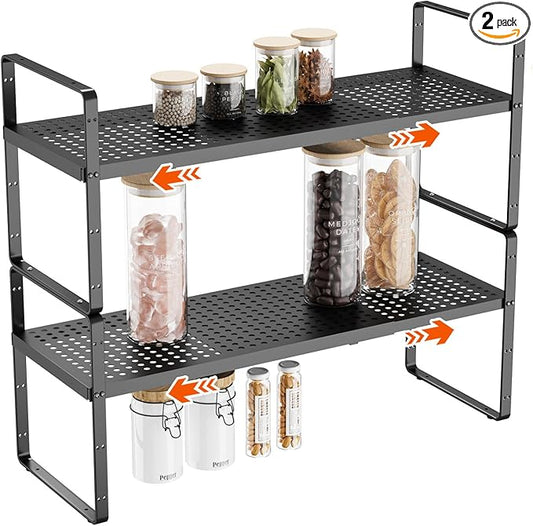 2Pack 16.5-27?쇺셂 Expandable Cabinet Countertop Shelf Organizer, Stackable Metal Shelves, Kitchen Organizers and Storage, Black Storage Spice Rack for Pantry and Cupboard