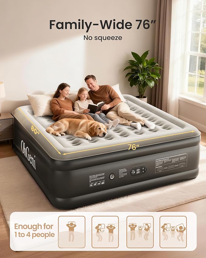 OhGeni King Air Mattress Family Choice Award with Built-in Pump,18'' Comfortable Blow Up Colchones Inflables Mattress for Home,Guests, Portable Air Bed for Adults, Airbed Supports Up to 700 lbs,Black