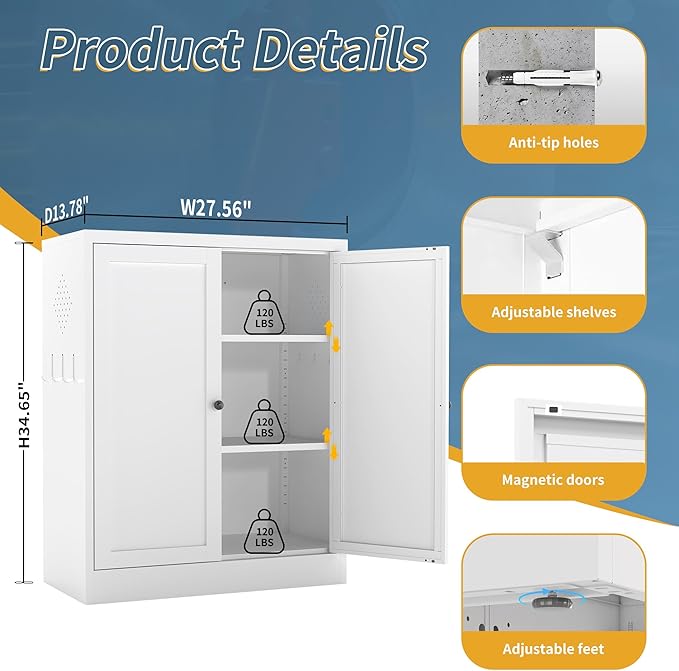 Kitchen Pantry Cabinet, 35" H Storage Cabinet with Doors and Adjustable Shelves, Metal Bathroom Cabinets, Utility Cabinets for Kitchen, Living Room, Garage, Assembly Required, White