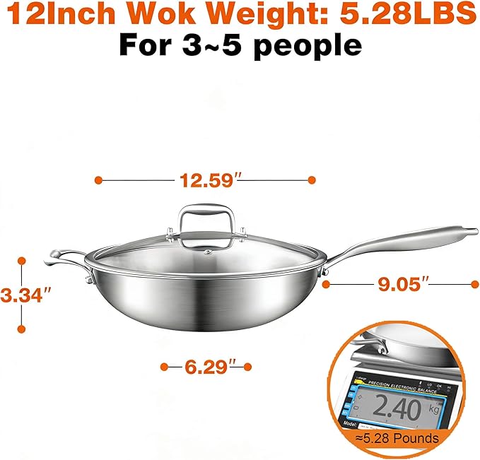 DELARLO Tri-Ply Stainless Steel Wok, 12 Inch Healthy Non-Toxic Cooking Wok Pan with Lid, With Side Ear, Wide & Deep Cookware Stir-Fry Pans, Dishwasher and Oven Safe Up To 600째F, Works on Induction