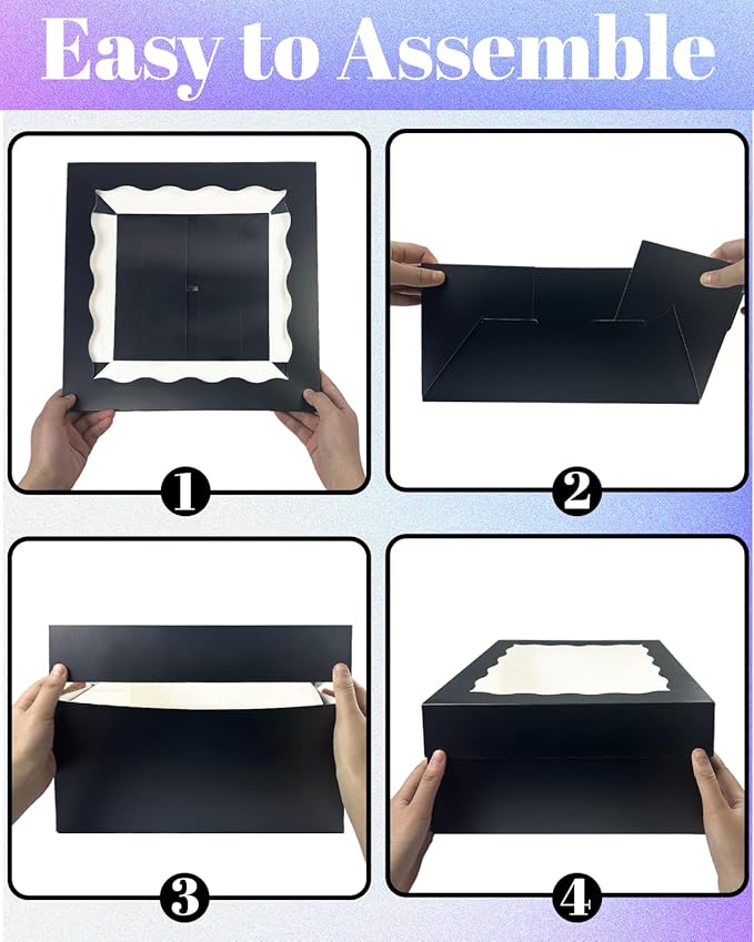 qiqee Black 10x10x8 Cake Box, 4 Sets Cake Box with Window 竊?4 Sets 10" Cake Round Boards, 10inch Cake Containers, 10 Meters Pink Silk Ribbon Includes