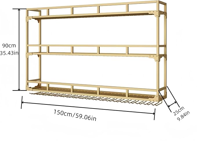 59 Inch Metal Wine Rack Wall Mounted, Bar Shelves Wall Mounted with LED Light, Large 3-Tier Liquor Bar Display Shelf with Wine Glasses for Home Bars, Dining Room & Kitchen, Gold