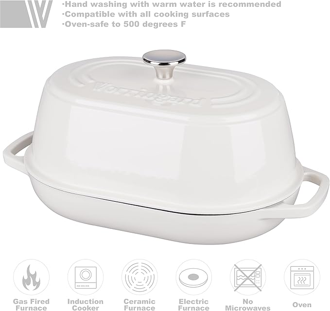 Enameled Cast Iron Dutch Oven Pot with Dome Lid, Oval Bread Oven for Homemade Sourdough Bread Baking, Oven Safe up to 500째F, 6 Quart, White