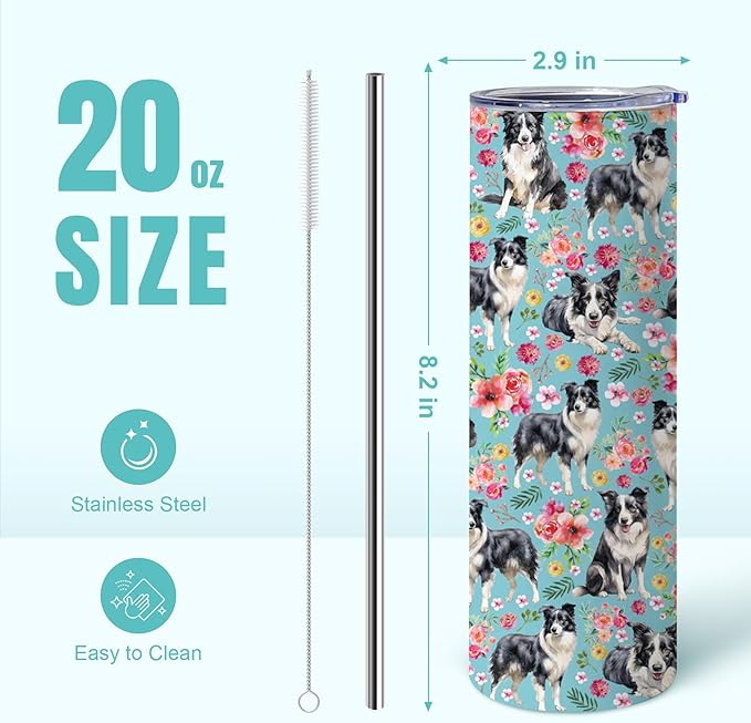 Yogusut Border Collie Gifts for Women, 20oz Stainless Steel Insulated Tumbler Travel Mug Cup with Lid Straw Brush, Gifts for Dog Mom Dog Lover