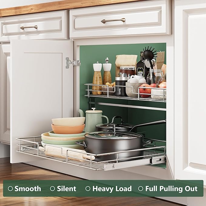 LOVMOR 2 Tier Individual Pull Out Cabinet Organizer 25쩍" W x 21쩍" D, Slide Out Kitchen Cabinet Storage Sliding Shelves