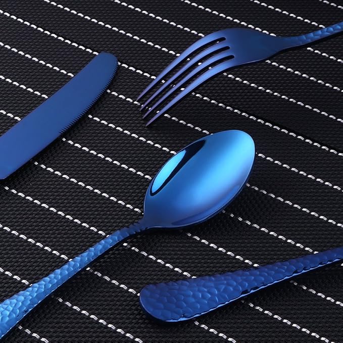 Blue Silverware Set, 20 Piece Premium 18/8 Stainless Steel Hammered Kitchen Utensil Flatware Cutlery Sets of 4, Mirror Polish, Dishwasher Safe