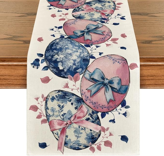 Artoid Mode Eggs Flowers Bow Leaves 210 GSM Easter Table Runner, Seasonal Floral Kitchen Dining Table Decoration for Home Party Decor 13x60 Inch