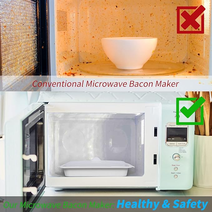MMUGOOLER Microwave Easy Bacon Maker/Cooker with Lid, Safety, Quick and with No Mess, 11.3??L x 9.0" W x 2.4" H- White