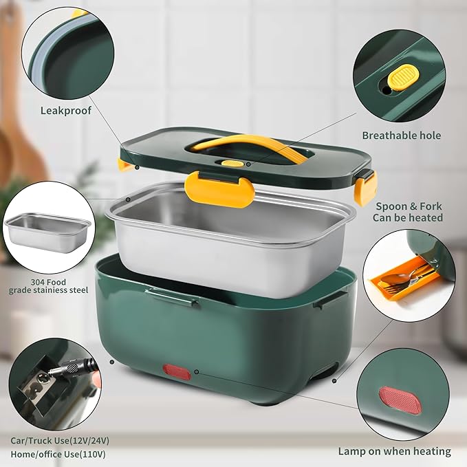 Meng Ke'en Electric Lunch Box 80W/2L Detachable Stainless Steel Container 12V/24V/110V Electric Lunch Box Portable Food Warmer (greenSingle Compartment)