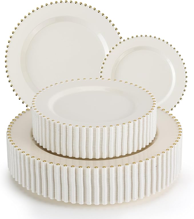 EI 60pcs Beige Plastic Plates with Gold Rim,Ivory Disposable Plates,Heavy Duty Fancy Plastic Plate Elegant for Party,Wedding,Birthday,Spring,Afternoon tea