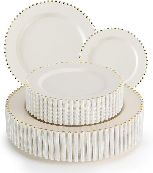 EI 60pcs Beige Plastic Plates with Gold Rim,Ivory Disposable Plates,Heavy Duty Fancy Plastic Plate Elegant for Party,Wedding,Birthday,Spring,Afternoon tea