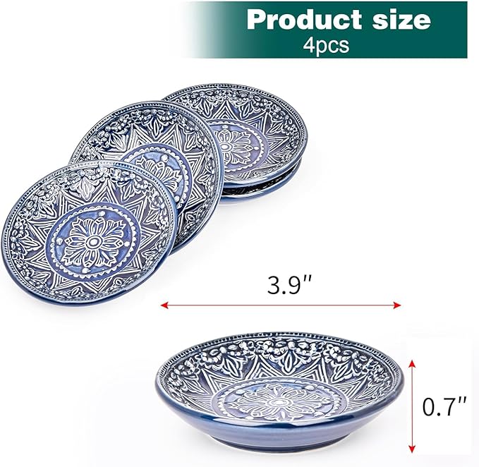Sungmor Embossed Stoneware Fine Dining Dinnerware, Antique Baroque Style Porcelain 4 Inch Soy Saucer Dish, Set of 4 Sophisticated Ceramic Dipping Bowl, Appetizer Dessert Plate, Ketchup, Spices Bowl