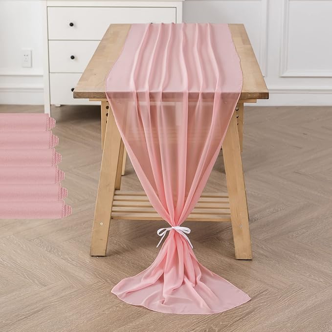 flohar 6Pack 9ft Chiffon Table Runner 14x108 Inch Sheer Romantic Table Runner for Wedding Birthday Party Bridal Shower Outdoor Decoration-Light Pink