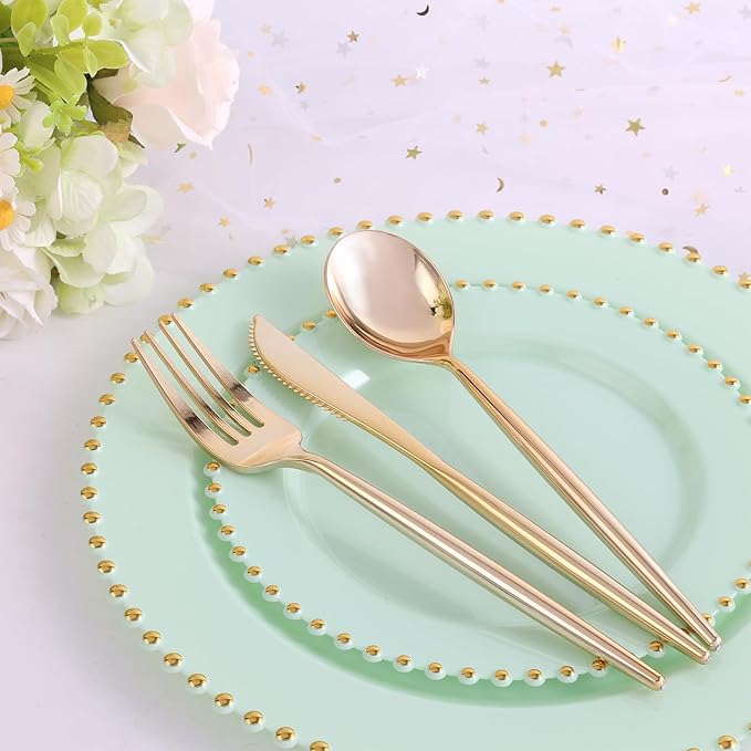 EI 60pcs Green Plastic Plates with Gold Rim,Disposable Plastic Plates Heavy Duty for Party,Sage Green and Gold Dessert/Dinner Plate for Birthday,Afternoon Tea,Wedding,Spring,Valentine's Day,Easter