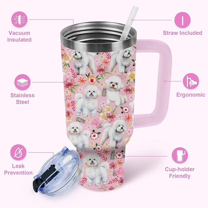 Yogusut Bichon Frise Gifts for Women, 40oz Stainless Steel Insulated Tumbler Travel Mug Cup with Handle Straw, Gifts for Dog Mom Dog Lover