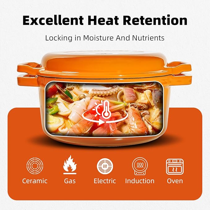 2-in-1 Enameled Cast Iron Braiser Pan with Grill Lid 5-Quart Small Dutch Oven, Non-Stick Cookware Multi Cooker for Bread Baking Cooking Stewing, Suit for All Cooktops, Dual Handles & Oven Safe, Orange