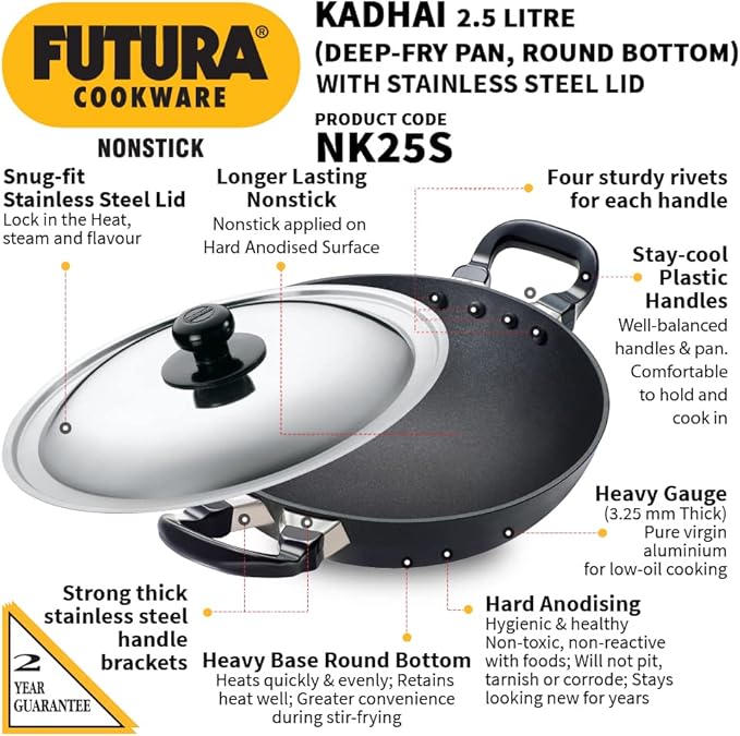 Hawkins Futura Nonstick Kadhai 2.5 L, 26 cm, 3.25 mm with SS lid (Black)