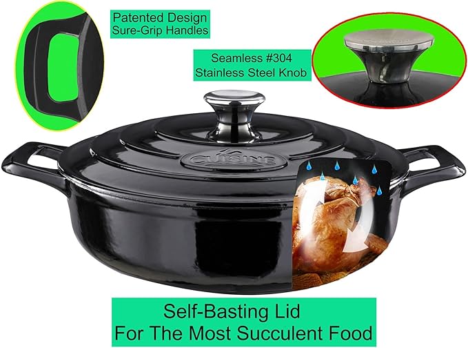 La Cuisine Enameled Cast Iron Braiser Saute Pan Shallow Casserole with lid, 3.75 Quart (QT) 11" Diameter Matte Black Enamel Coating Interior, Glossy Black Porcelain Enamel Coating Exterior
