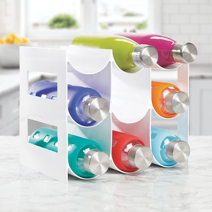 mDesign Plastic Free-Standing Water Bottle Organization/Wine Rack Storage Organizer for Kitchen Countertops, Cabinet, Bin, Pantry, Fridge, Refrigerator, 3 Tiers, 9 Bottles, Lumiere Collection - White