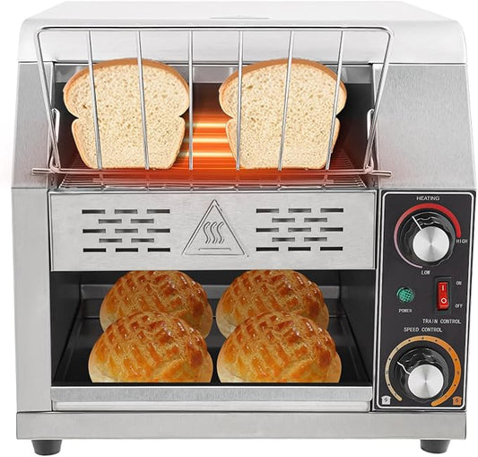 1900W Commercial Conveyor Toaster, 1-7 Gears Electric Stainless Steel Restaurant Toaster Oven with Grid & Crumb Tray Maximum Heating 300째C/572째F for Restaurants, Hotels (300 Slices/Hour)