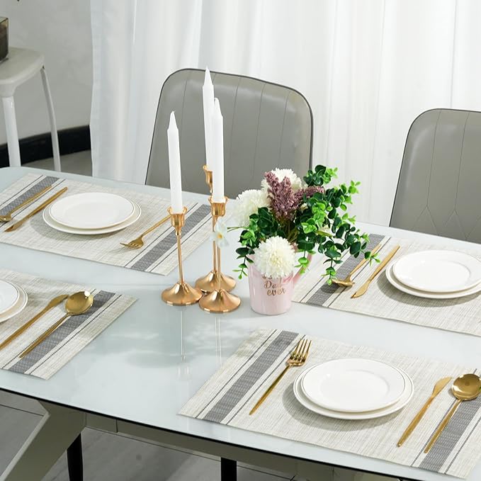 flohar Placemats Set of 8竊똍on-Slip PVC Weave Table Mats Easy to Clean竊똇eat Resistant Place Mats for Kitchen Dining Table Decoration Indoor Outdoor竊똊haki Gray