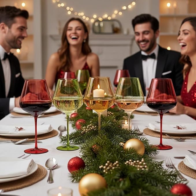 Khen Festive & Holiday Colored Wine Glasses Set of 5 In Luxurious Gift Box ??20oz Stemmed Goblets, Thanksgiving Dinner, Entertaining ??Wedding Red, Green & Gold Glassware for Party Celebrations
