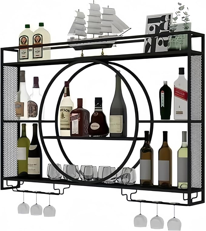 55 Inch Wall Mounted Wine Rack, 3-Tier Wall Bar Shelves for Liquor Bottles, Large Capacity Bar Shelves Wall Mounted with Glass Holder for Home Bar, Kitchen & Dining Room, Black