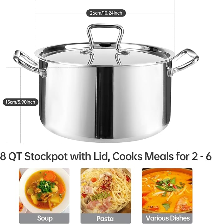 Whole-Clad Tri-Ply Stainless Steel Stockpot with Lid, 8 Quart Large Cooking Pot All Stove Compatible Up to 600?? 18/8 Stainless Steel Kitchen Induction Ready Cookware