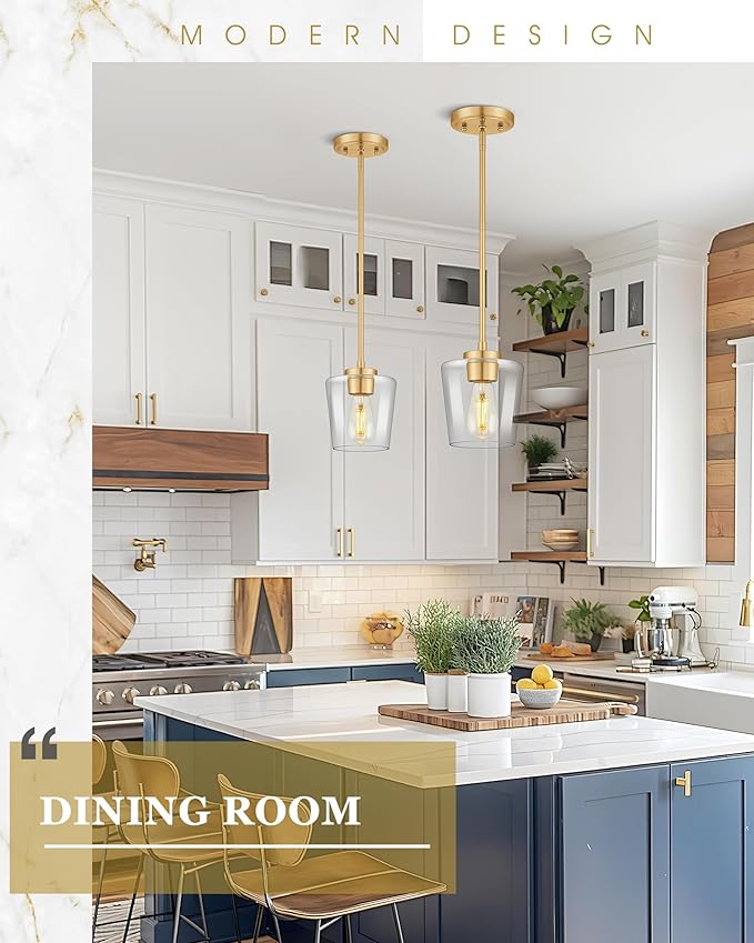 Gold Pendant Lights Kitchen Island, 6" Hanging Lights Fixtures with Clear Glass Shade, Modern Brass Kitchen Pendant Lighting Over Island for Dining Room, AD-22004-1P-GD-C