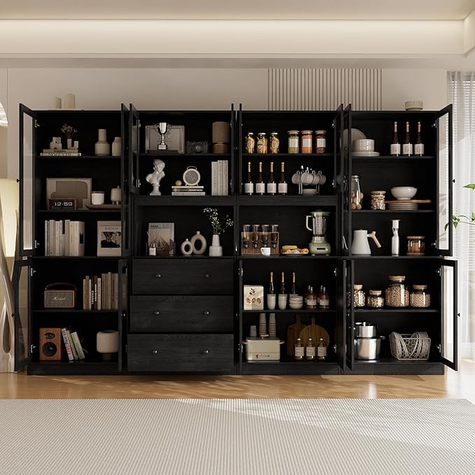 TUSY 71'' H Kitchen Hutch Storage Cabinet, 5-Tier Pantry Cabinet, Buffet Hutch with Drawers, China Cabinet with Glass Doors, Storage Cabinets for Dining Room, Kitchen, Living Room (Black)