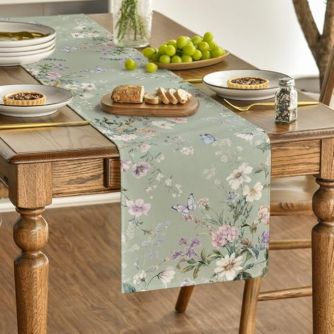 Artoid Mode Green Floral Wildflower Leaf 210 GSM Spring Table Runner, Seasonal Summer Kitchen Dining Table Decoration for Home Party Decor 13x72 Inch