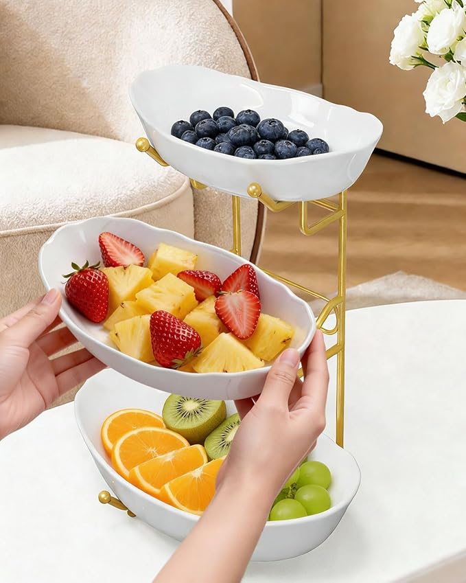 Ceramic Fruit Bowl for Kitchen Counter, 3 Tier Fruit Basket for Countertop, Tiered Fruit Stand with Metal Holder for Snacks, Nuts, Cake, Dessert, Party Display, Gold, White