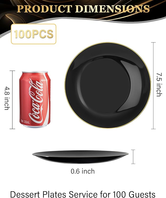 Nervure 100 Pieces Black Plastic Plates - 7.5inch Black Dessert Plates - Disposable Gold Plastic Plate - Disposable Plate Ideal for Wedding & Party & New Year